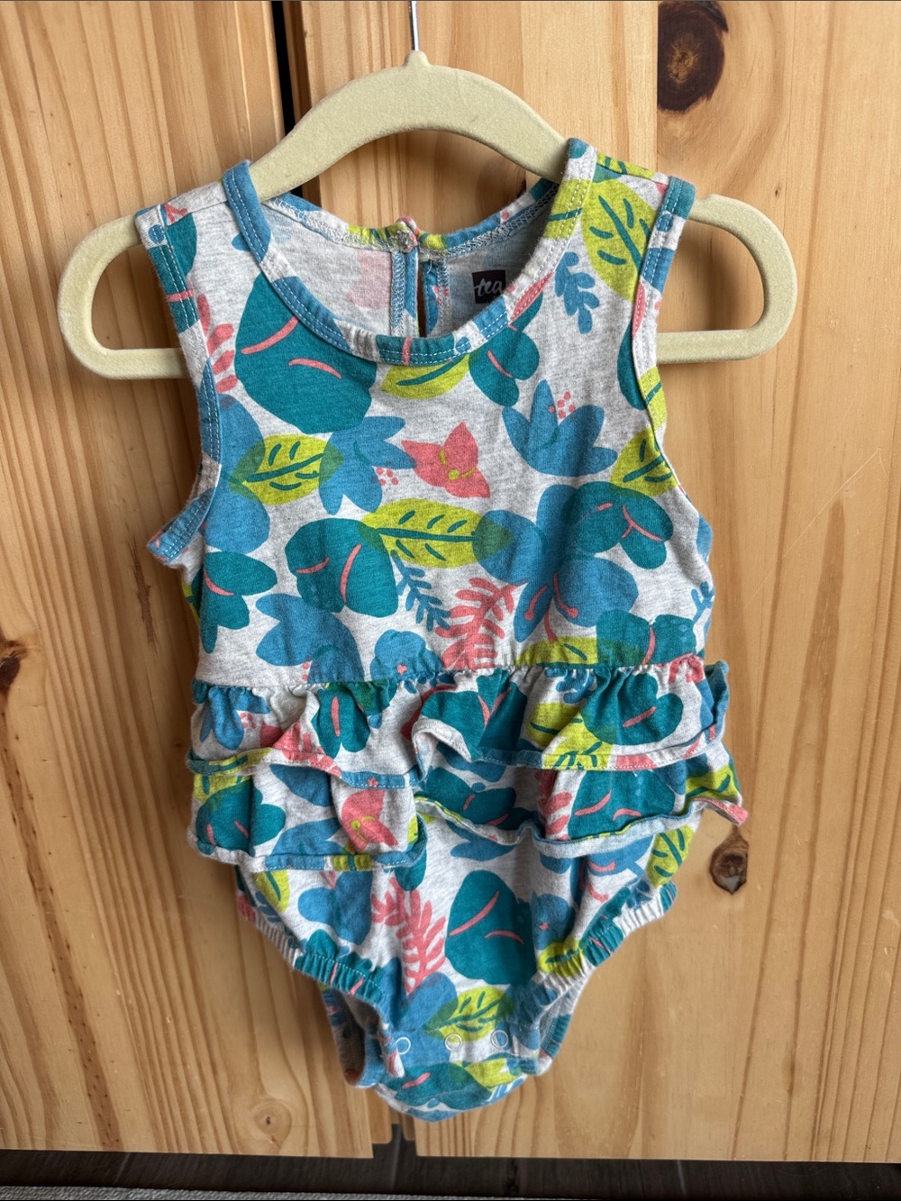 Tea Collection Teal & Coral Floral Ruffle Romper